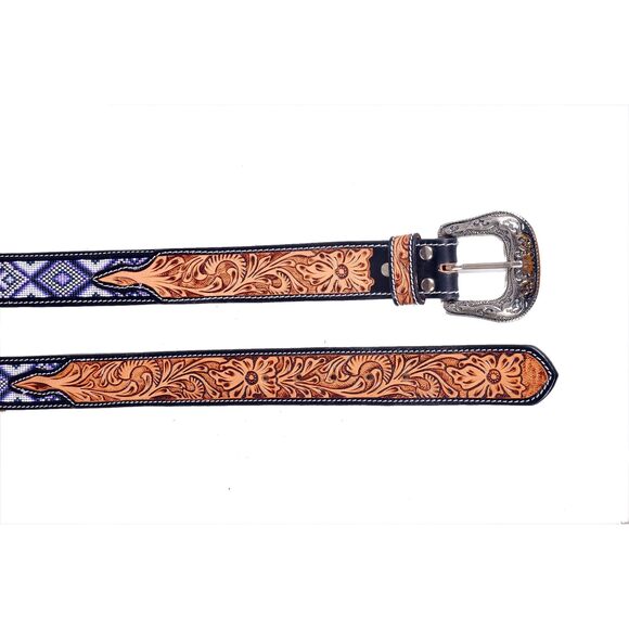 9479 Western Tooled Leather Beaded Belt For Men And Women